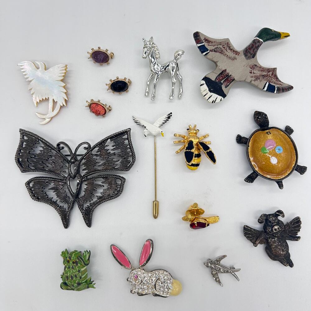 Vintage Animal Brooch Pin Lot Bundle Costume Jewelry Gold Tone Figural Estate
